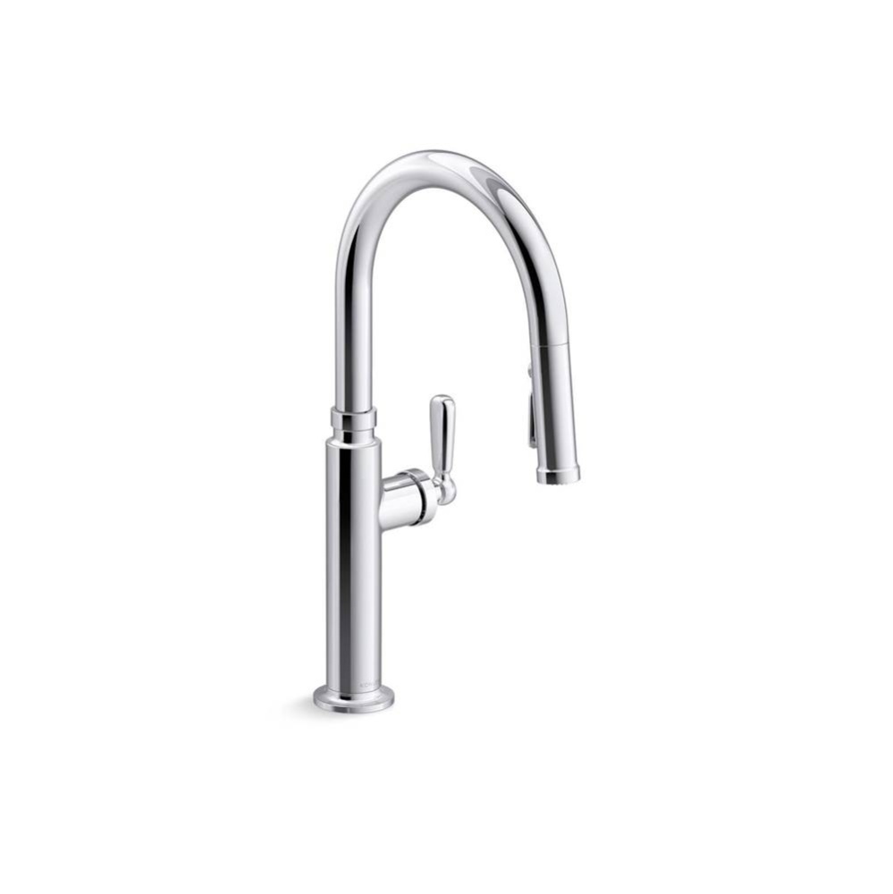 Touchless pull-down kitchen sink faucet with three-function sprayhead