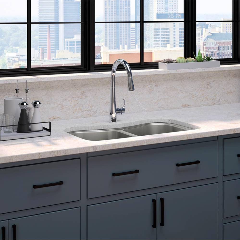 Simplice Pull Down Faucet Staccato Undermount Double Bowl Sink
