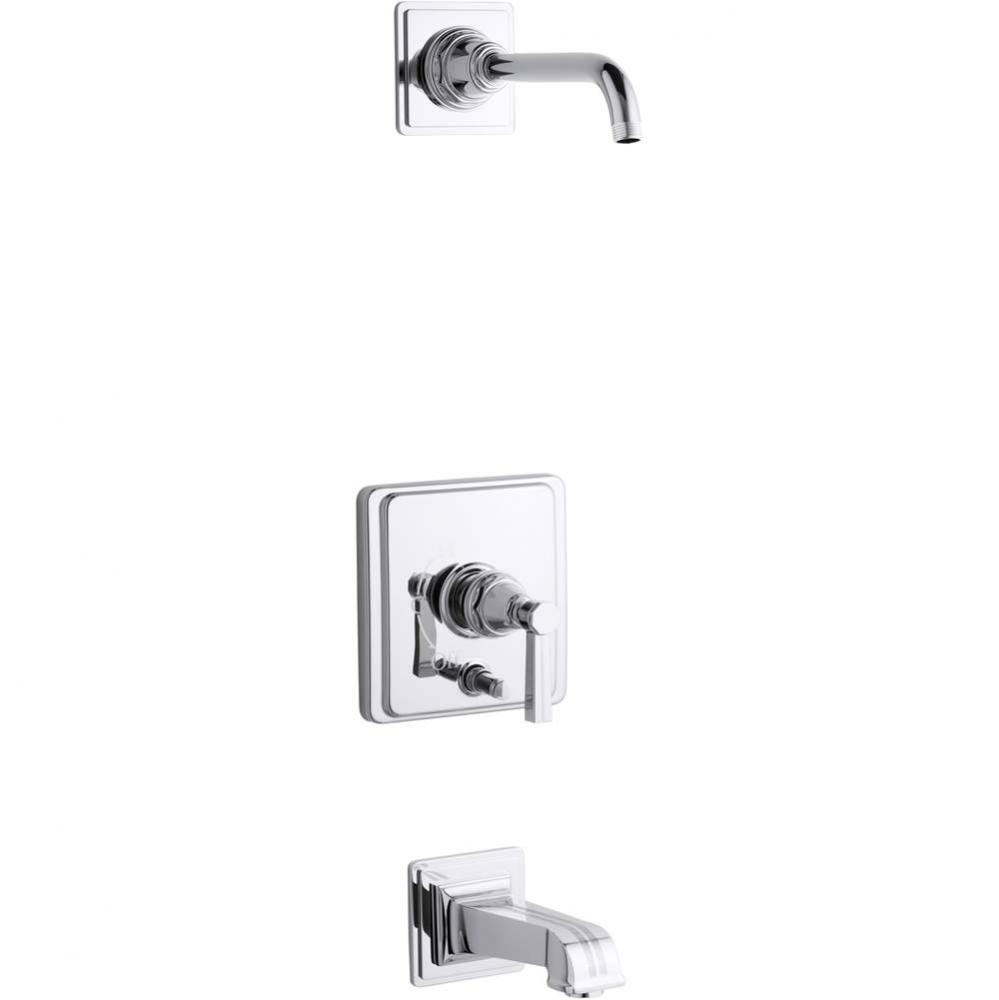 Pinstripe® Rite-Temp(R) bath and shower trim set with push-button diverter and lever handle,
