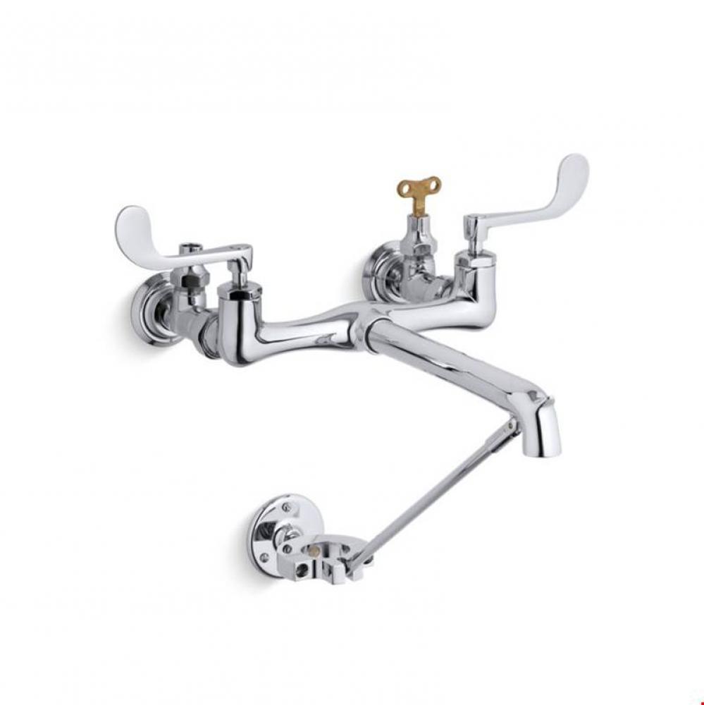 Double wristblade lever handle service sink faucet with loose-key stops and spout with bottom wall