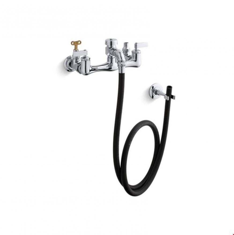 Double lever handle service sink faucet with loose-key stops, rubber hose, wall hook and lever han