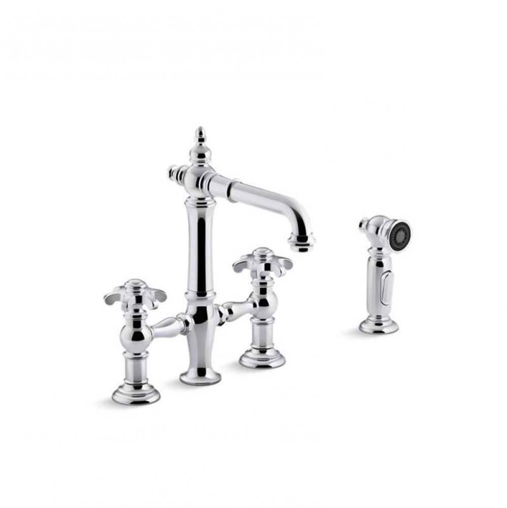 Artifacts® Deck-mount bridge bar sink faucet with prong handles and sidespray