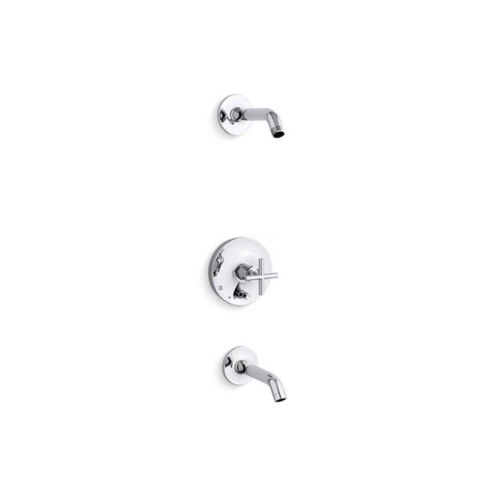 Purist® Rite-Temp® bath and shower trim set with push-button diverter and cross handle,