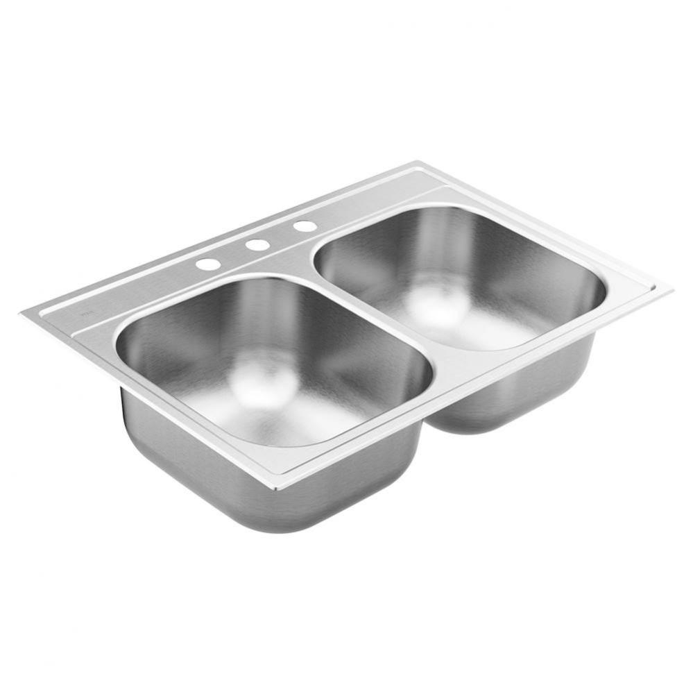 2000 Series 33-inch 20 Gauge Drop-in Double Bowl Stainless Steel Kitchen Sink, Featuring QuickMoun