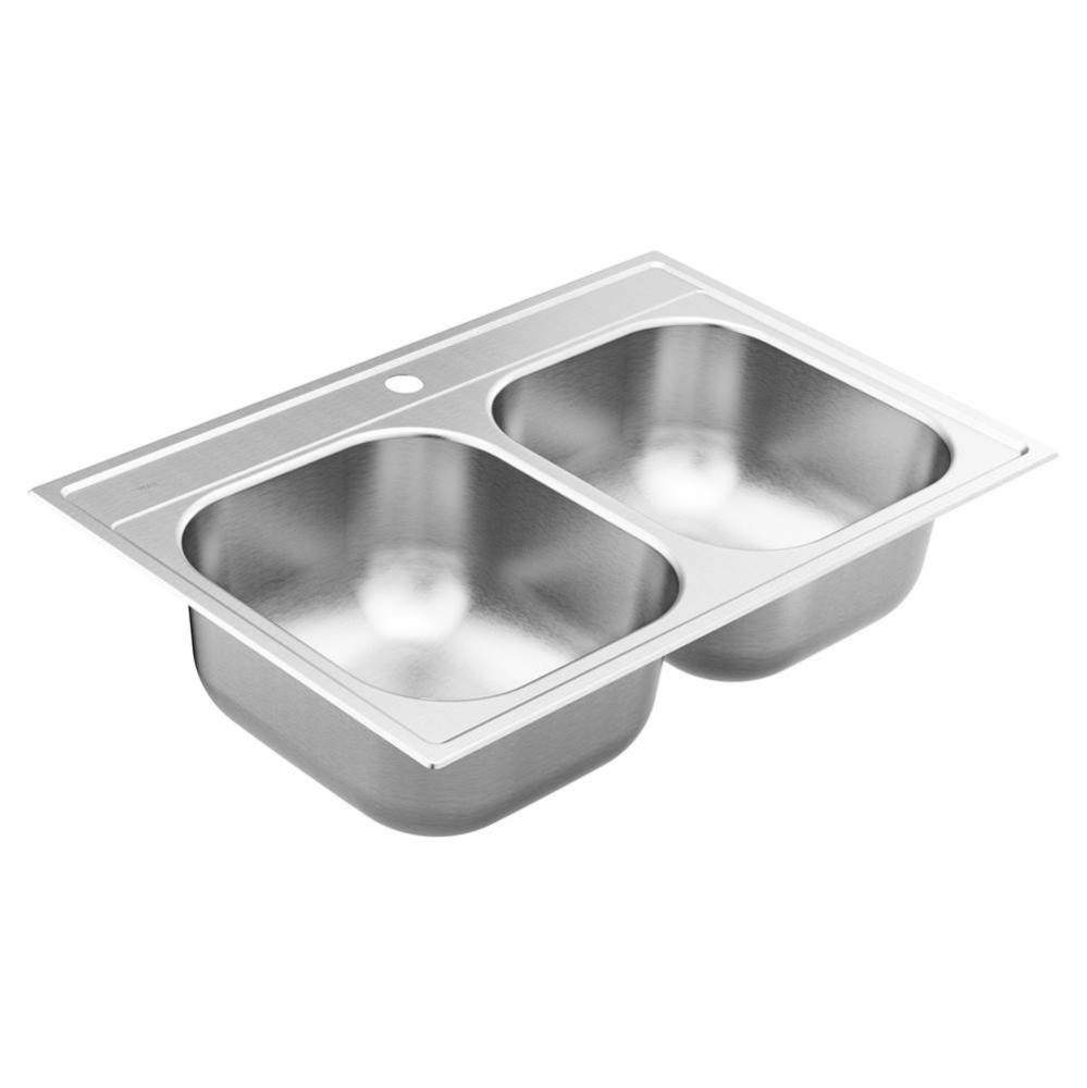 Moen GS202131 2000 33-inch 20 Gauge Double Bowl Drop-in Stainless Steel Kitchen Sink, Featuring Qu