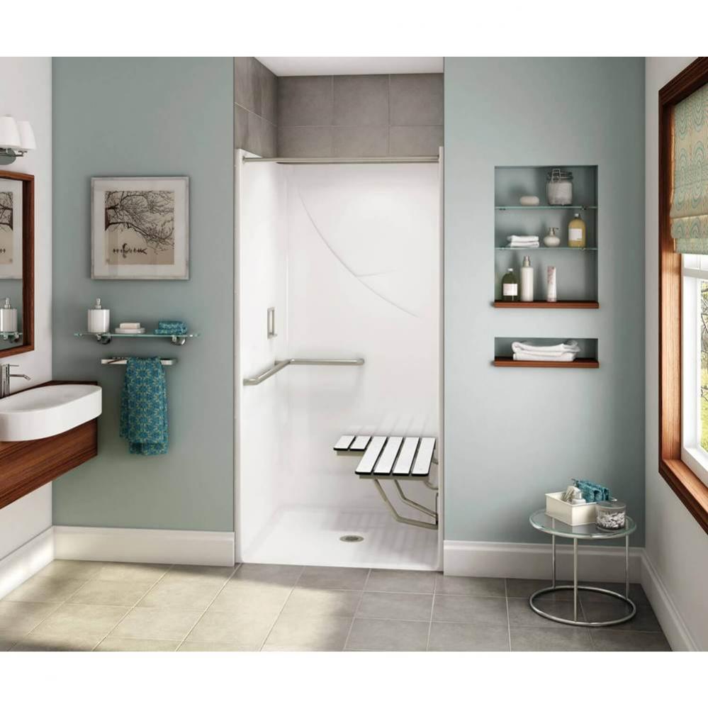 OPS-3636-RS - L-shaped Grab Bar and Seat AcrylX Alcove Center Drain One-Piece Shower in White