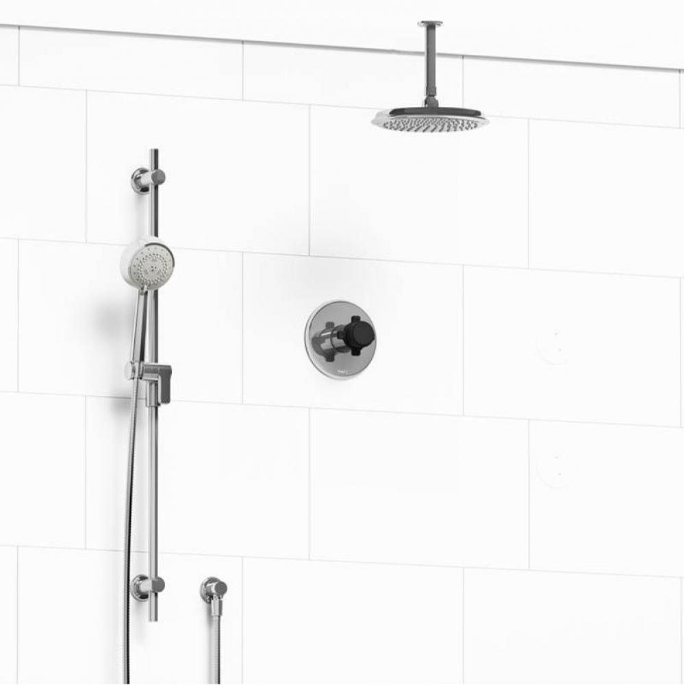 Type T/P (thermostatic/pressure balance) 1/2'' coaxial 2-way system with hand shower and