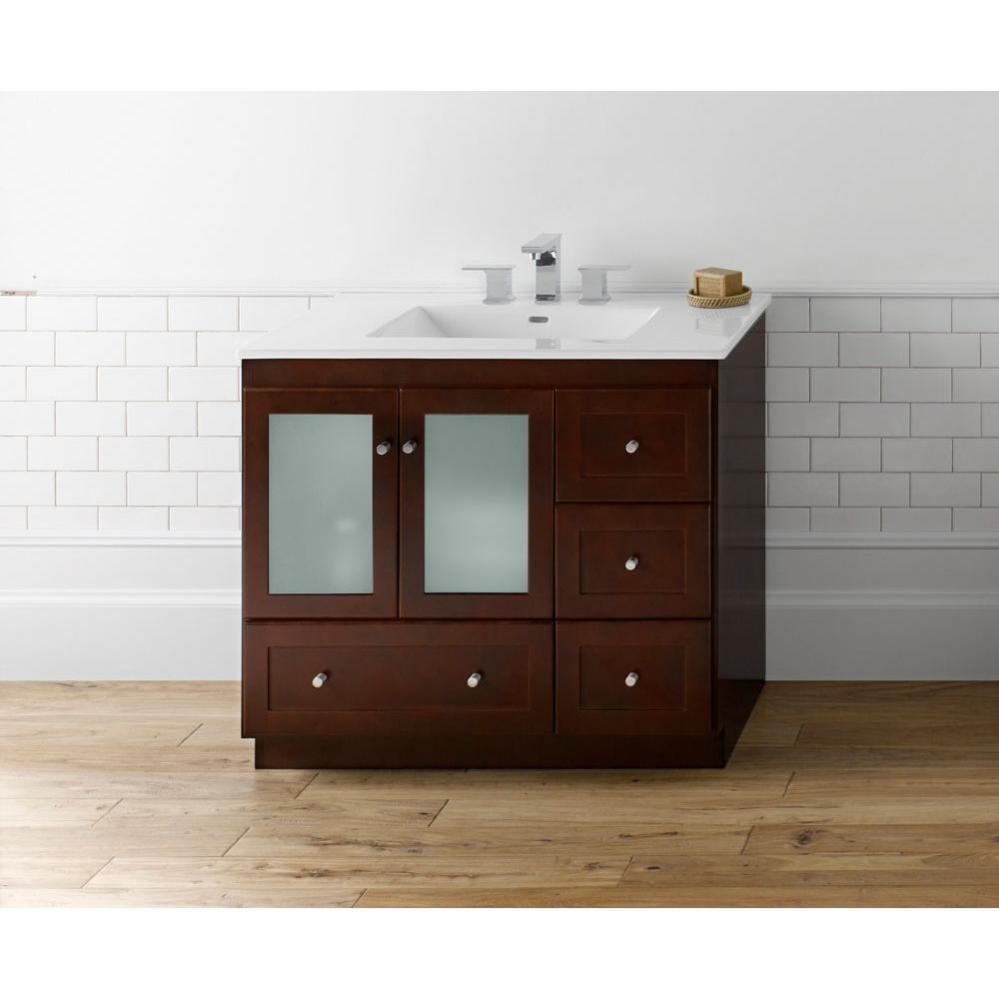 36'' Shaker Bathroom Vanity Cabinet Base in White - Frosted Glass Doors on Right