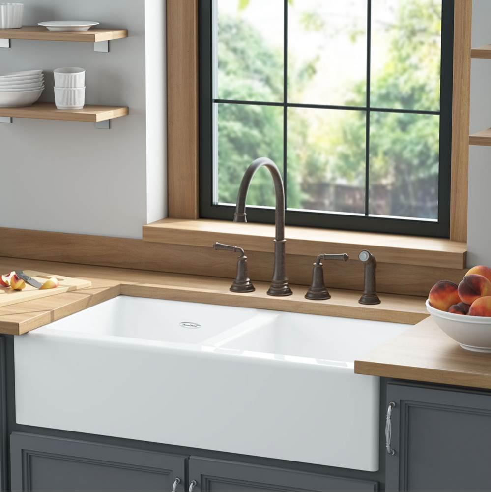 Delancey® 36 x 22-Inch Cast Iron 4-Hole Undermount Double Bowl Apron Front Kitchen Sink