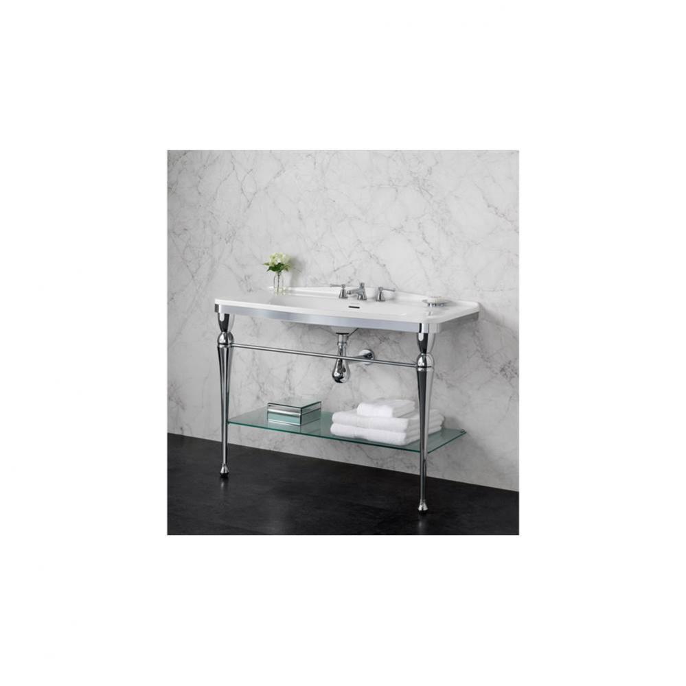 Washstand with two legs and frosted glass shelf. With Mandello 114 Solo basin. No pre-drilled tap