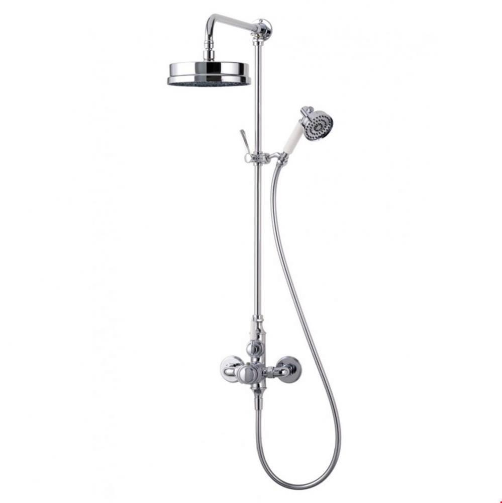 Thermostatic wall mounted shower mixer with handheld shower attachment. Polished