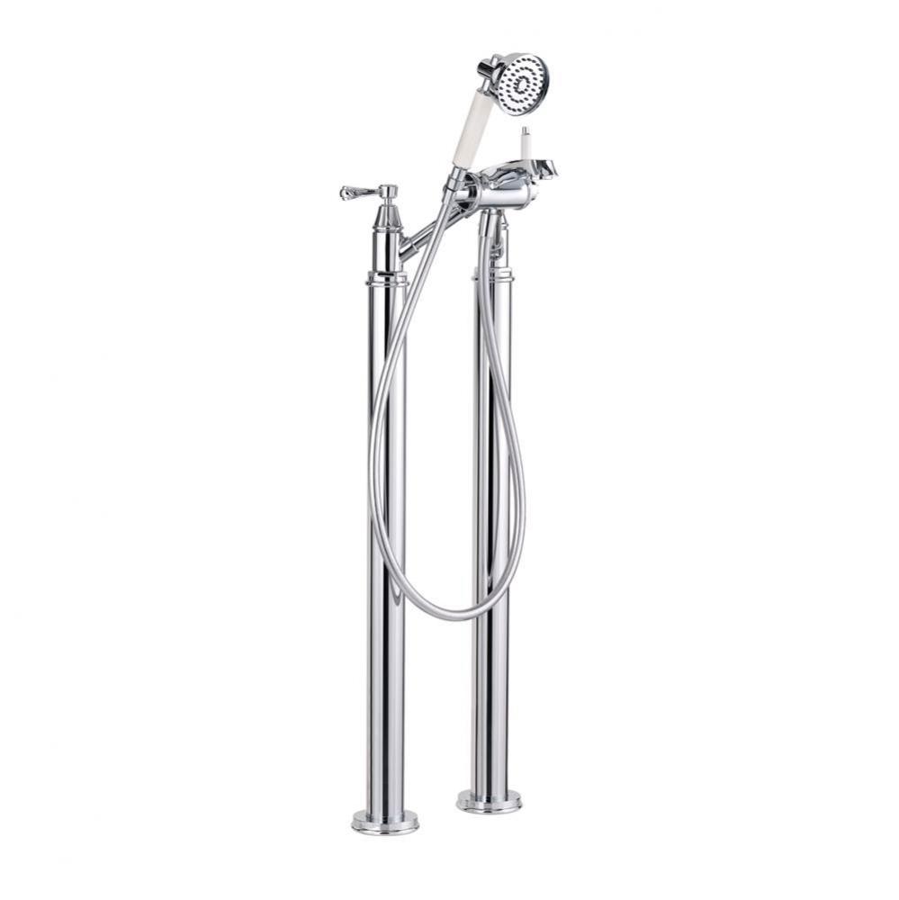 Freestanding bath mixer with shower attachment. Polished