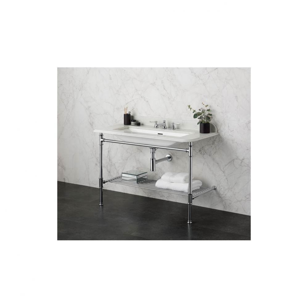 Washstand with two legs and metal rail shelf. With Rossendale 91 basin undermounted in Black