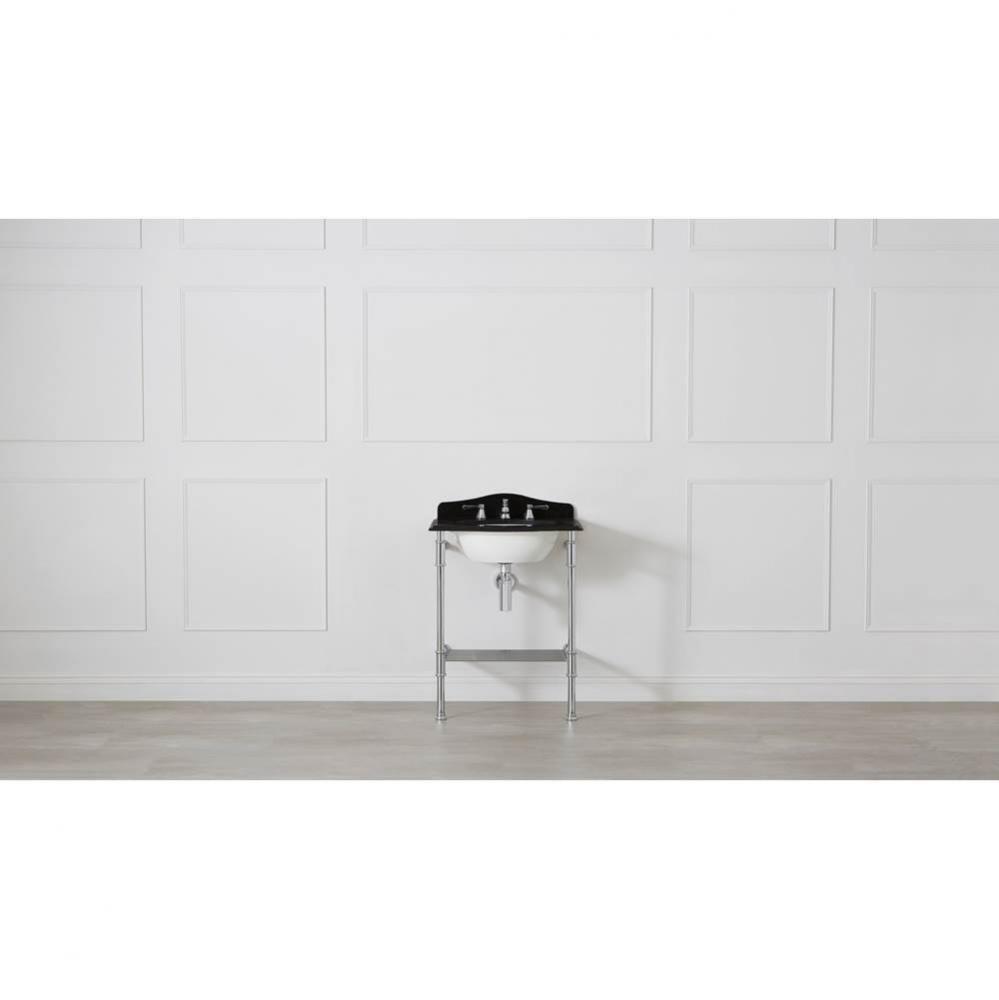 Washstand with two legs and metal rail shelf. With Kaali 46 basin undermounted in Biscuit quartz