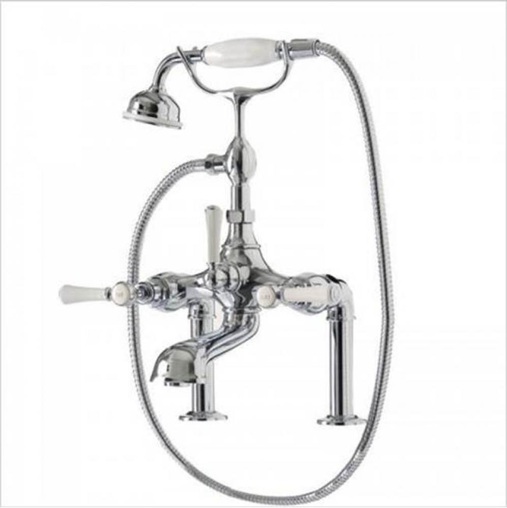 Deck mounted bath mixer with shower attachment. Unlacquered
