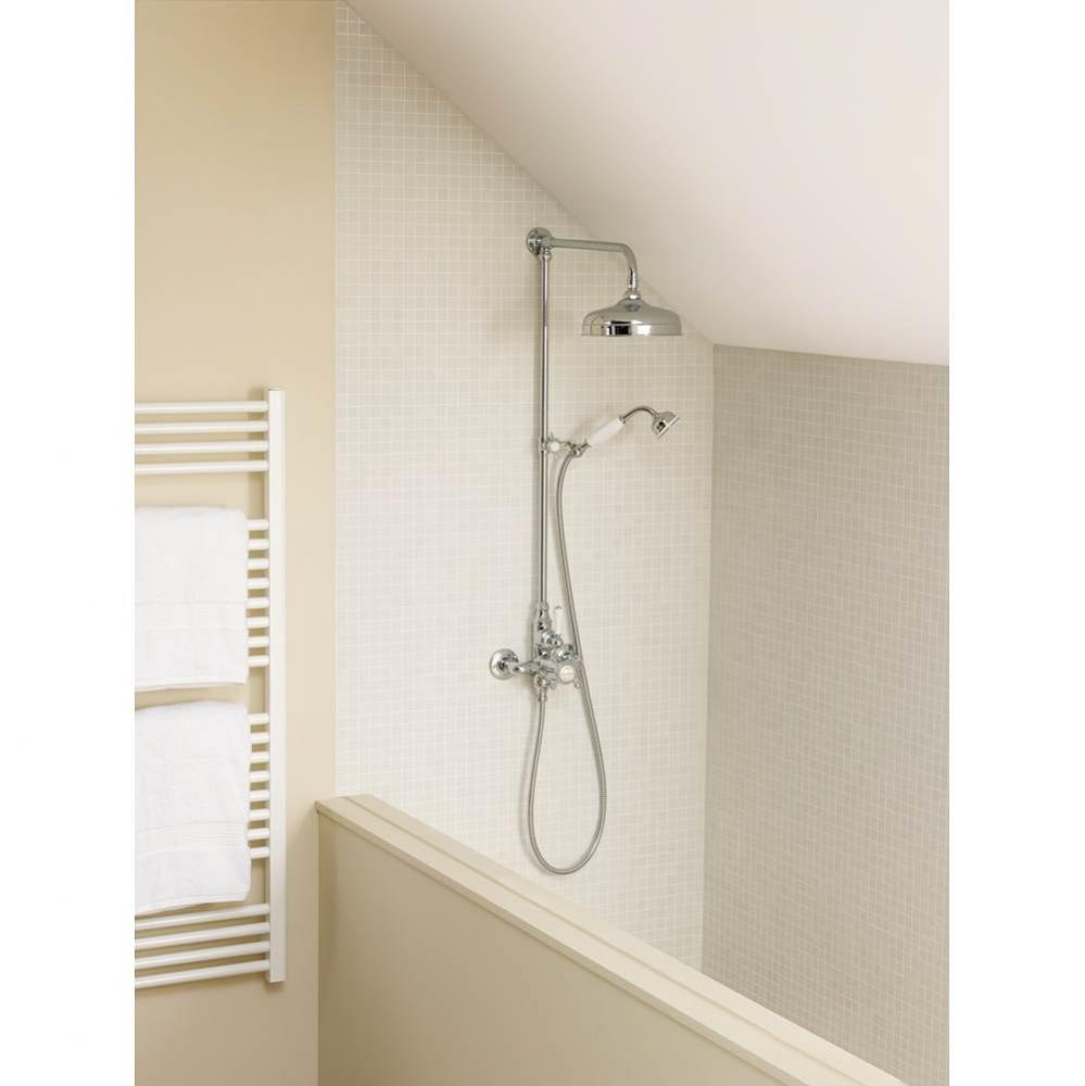 Thermostatic wall mounted shower mixer with handheld attachment. Polished