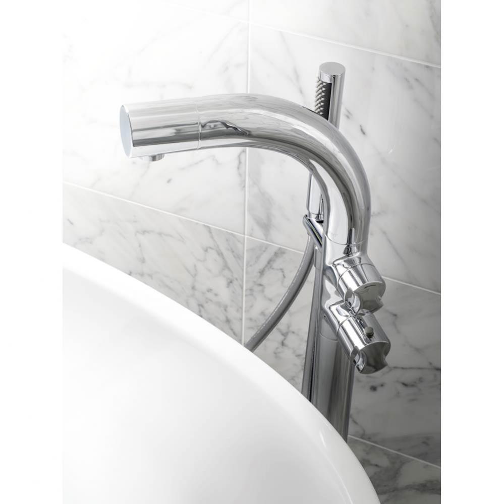 Thermostatic bath mixer with handheld shower attachment. Polished