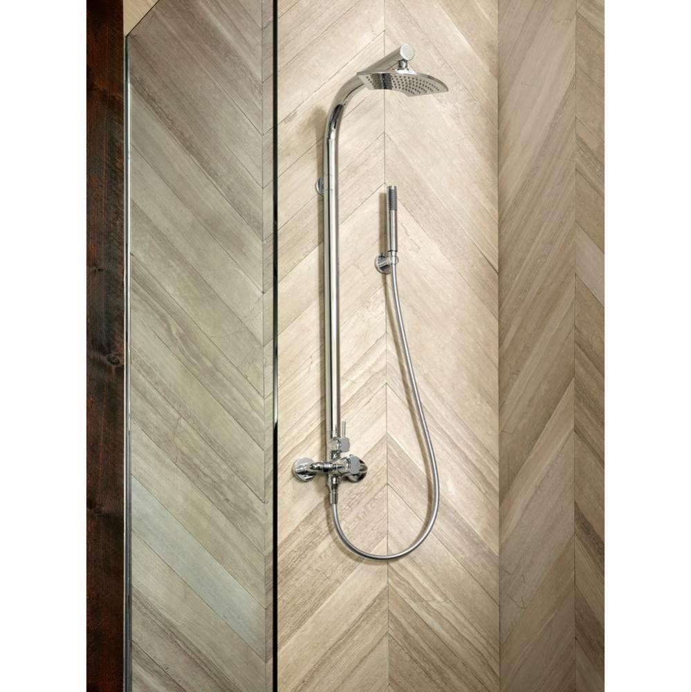 Thermostatic wall mounted shower mixer with handheld shower attachment. Polished