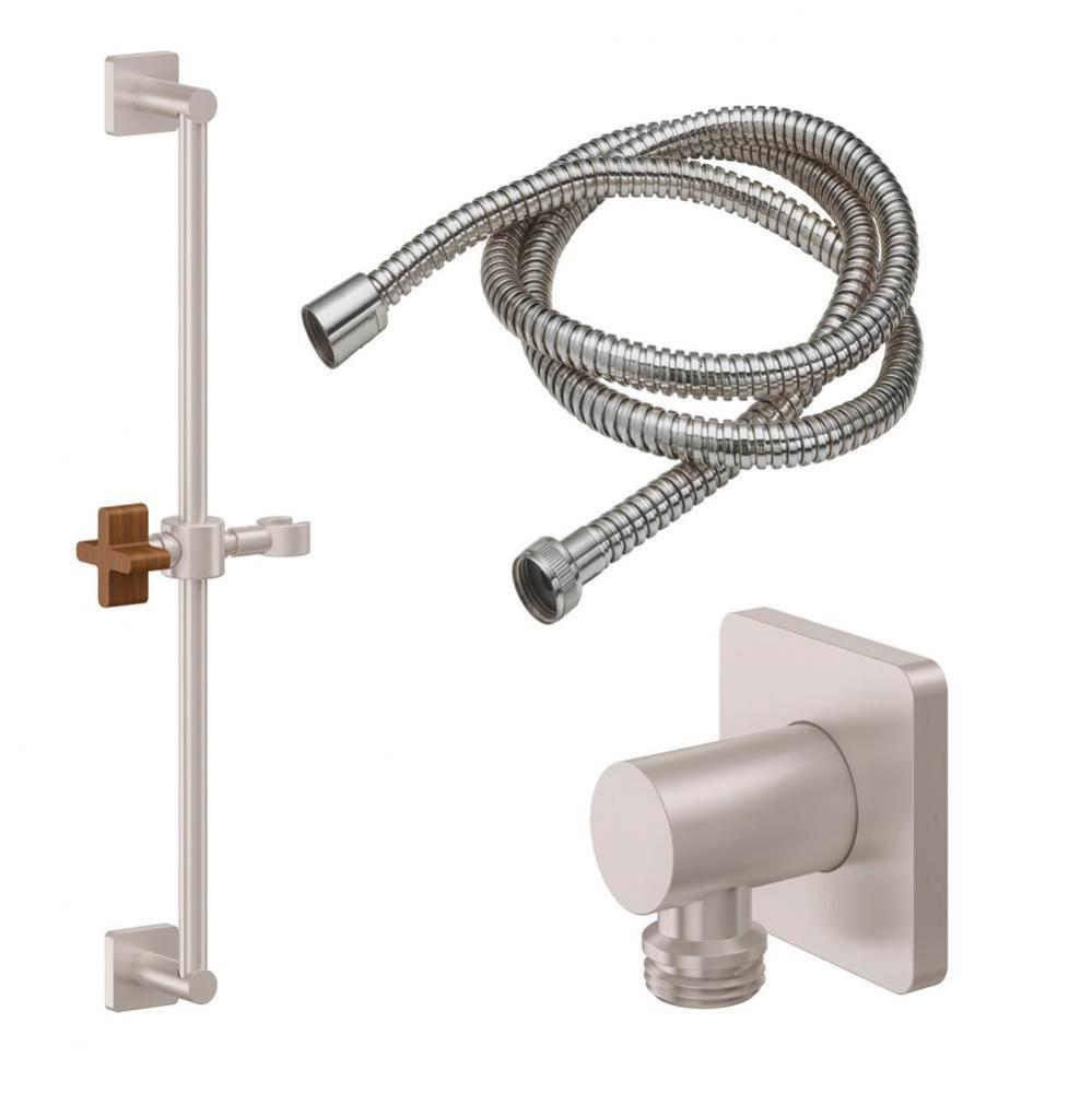 Slide Bar Handshower Kit - Teak Cross Handle with Rounded Square Base