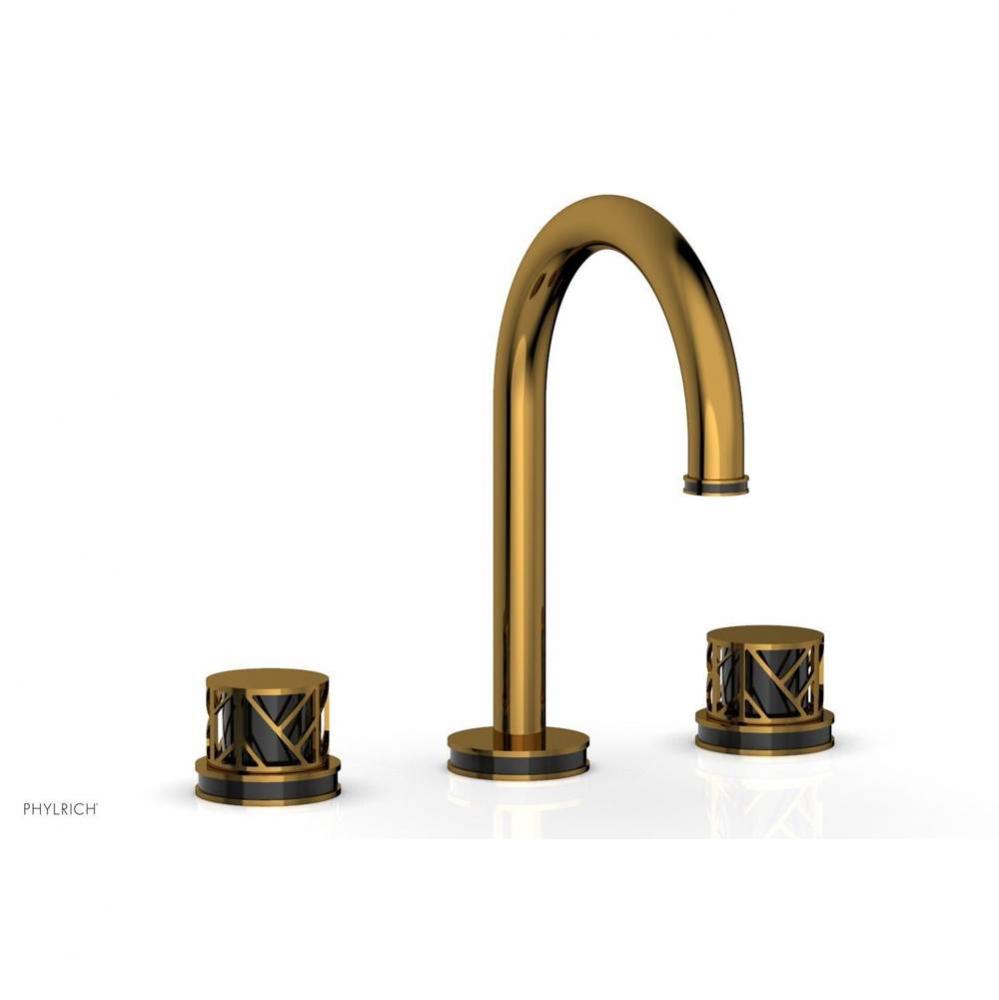 Polished Gold Jolie Widespread Lavatory Faucet With Gooseneck Spout, Round Cutaway Handles, And Bl