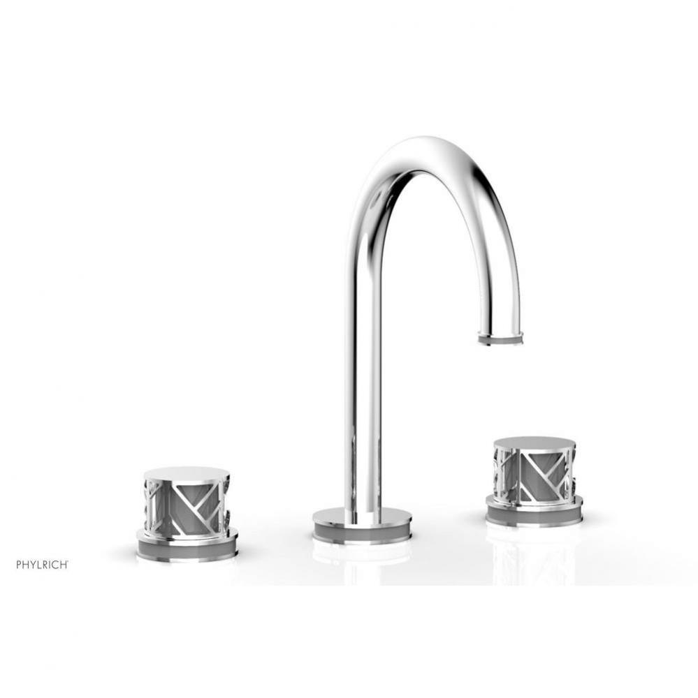 Satin Brass Jolie Widespread Lavatory Faucet With Gooseneck Spout, Round Cutaway Handles, And Grey