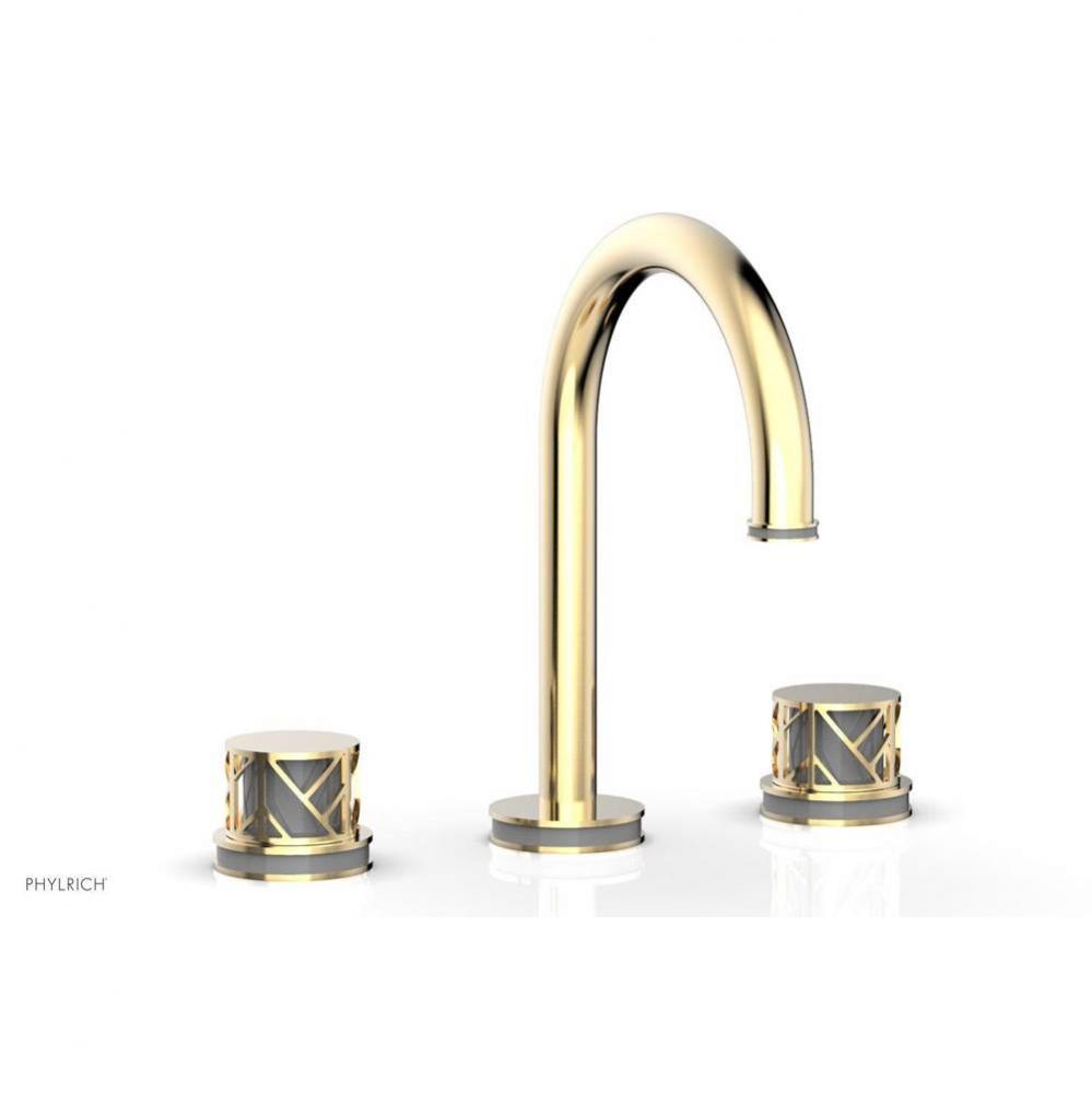 Polished Gold Jolie Widespread Lavatory Faucet With Gooseneck Spout, Round Cutaway Handles, And Gr