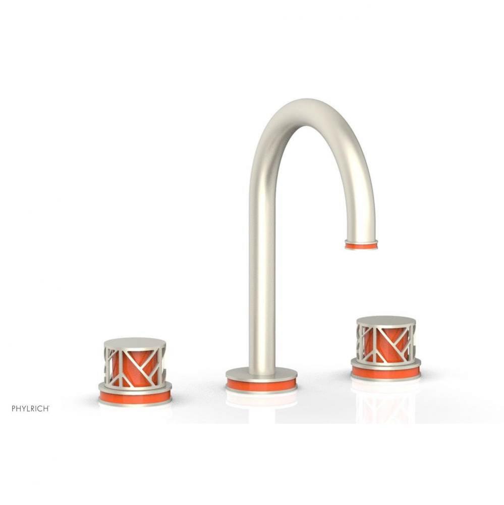 Pewter Jolie Widespread Lavatory Faucet With Gooseneck Spout, Round Cutaway Handles, And Orange Ac