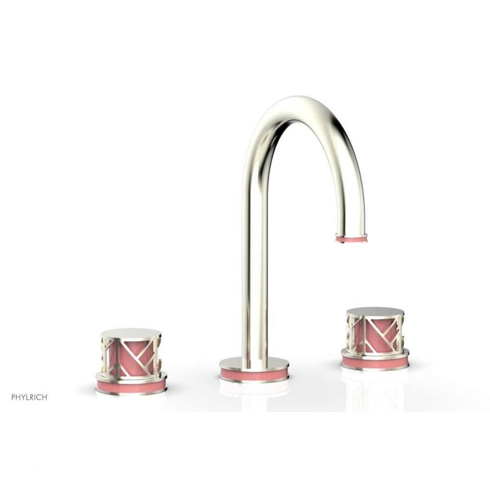 Satin Gold Jolie Widespread Lavatory Faucet With Gooseneck Spout, Round Cutaway Handles, And Pink