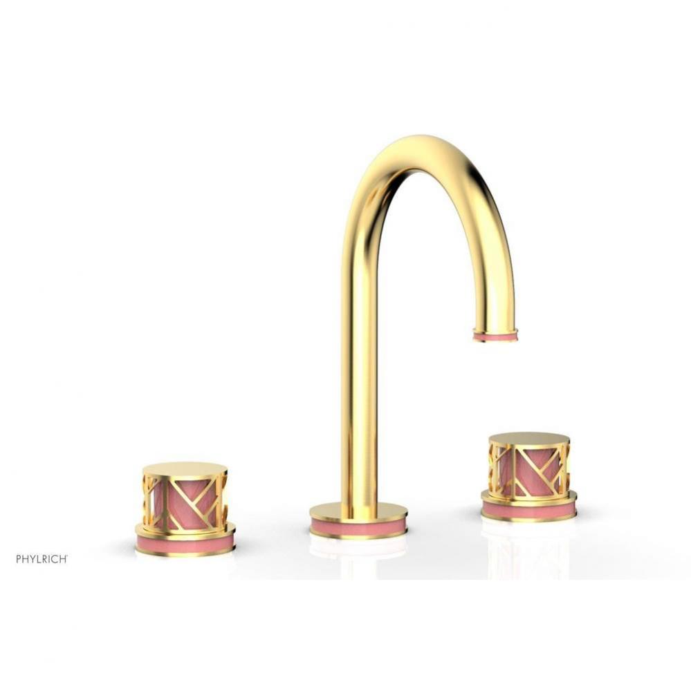 Satin White Jolie Widespread Lavatory Faucet With Gooseneck Spout, Round Cutaway Handles, And Pink