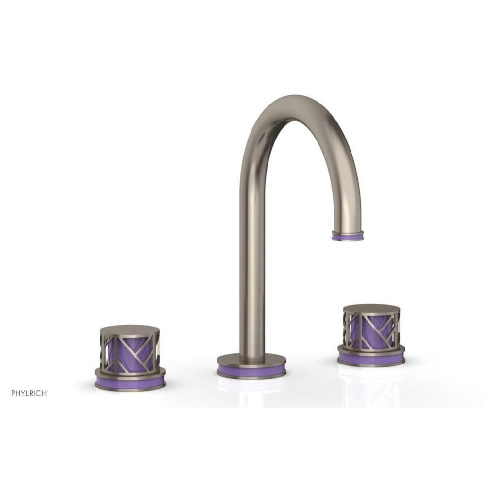 Pewter Jolie Widespread Lavatory Faucet With Gooseneck Spout, Round Cutaway Handles, And Purple Ac