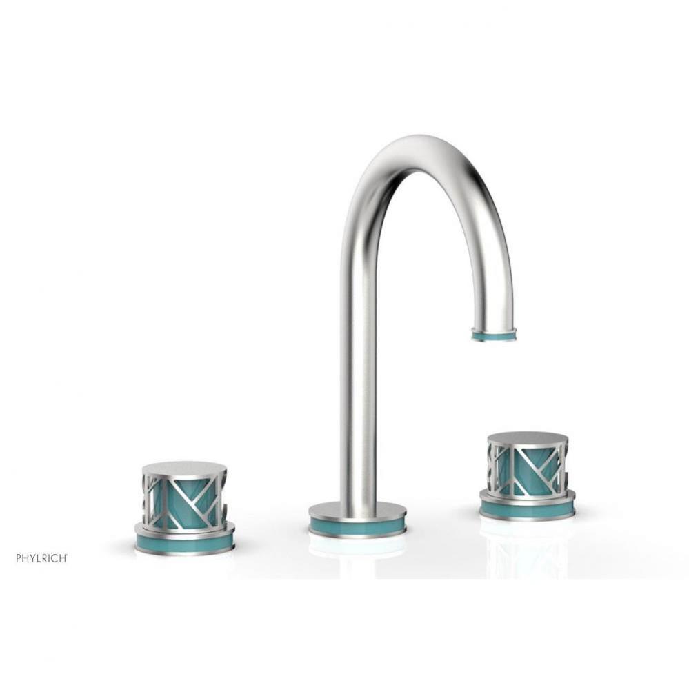 Pewter Jolie Widespread Lavatory Faucet With Gooseneck Spout, Round Cutaway Handles, And Turquoise