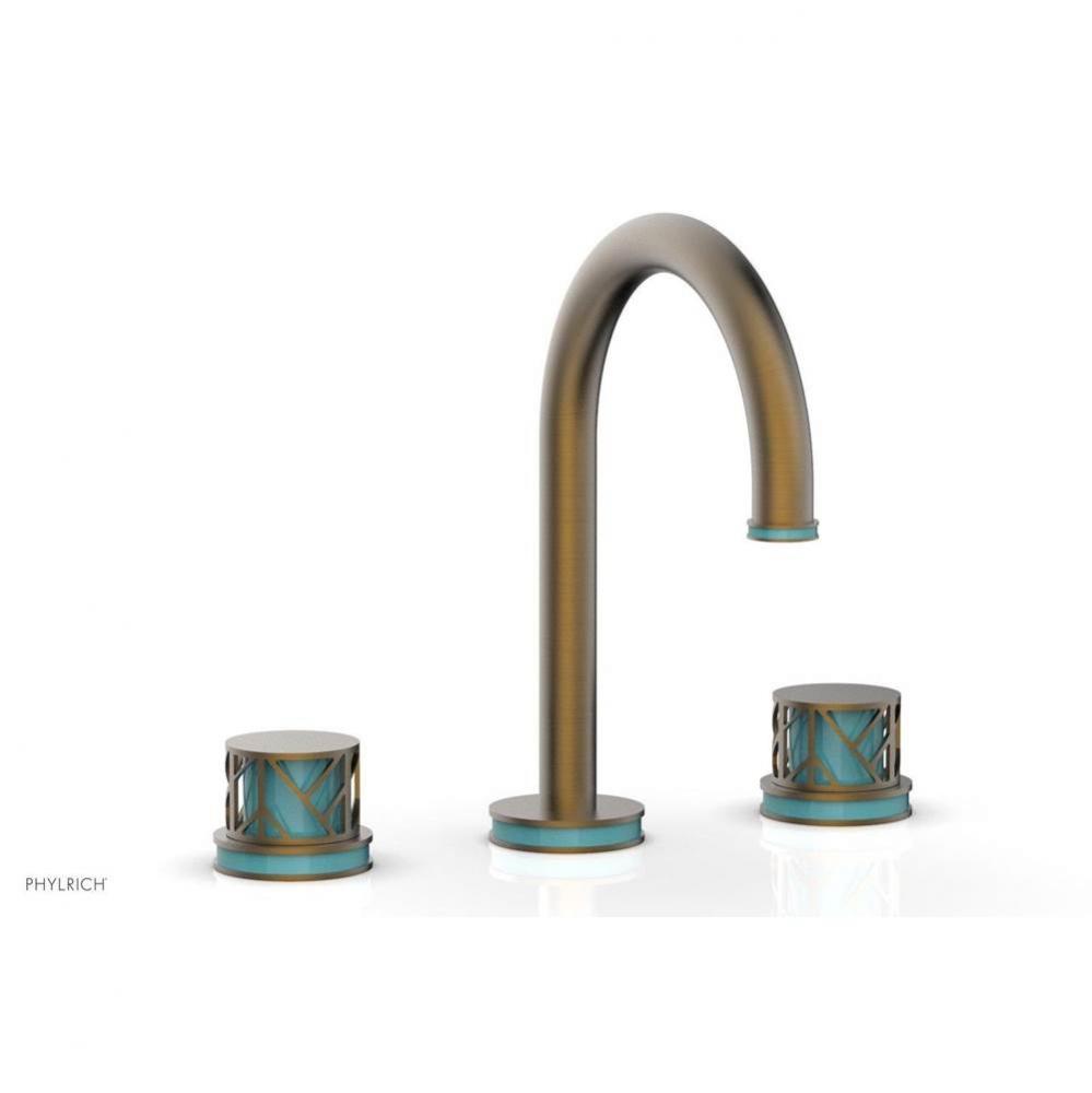 Satin Brass Jolie Widespread Lavatory Faucet With Gooseneck Spout, Round Cutaway Handles, And Turq
