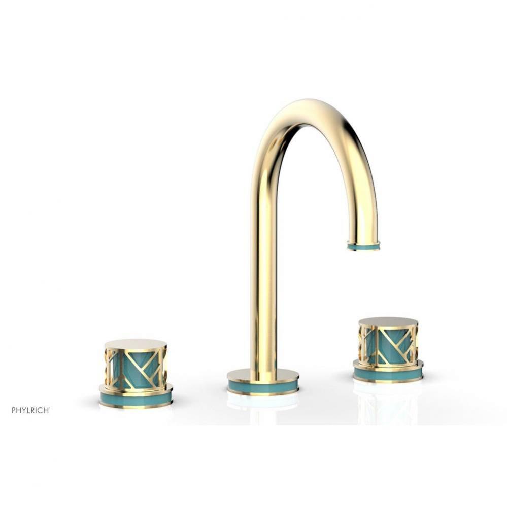 Satin Nickel Jolie Widespread Lavatory Faucet With Gooseneck Spout, Round Cutaway Handles, And Tur