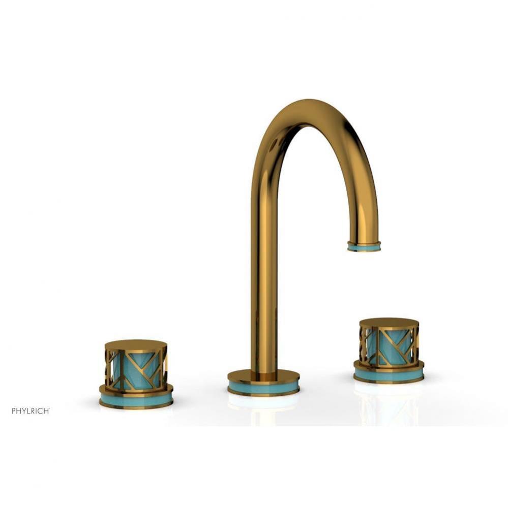 Satin Gold Jolie Widespread Lavatory Faucet With Gooseneck Spout, Round Cutaway Handles, And Turqu