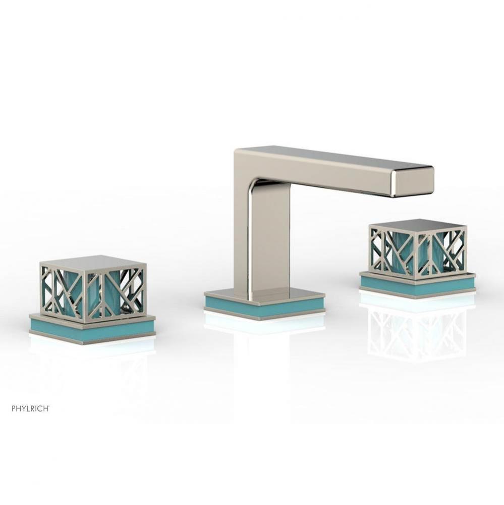 Satin Nickel Jolie Widespread Lavatory Faucet With Rectangular Low Spout, Square Cutaway Handles,