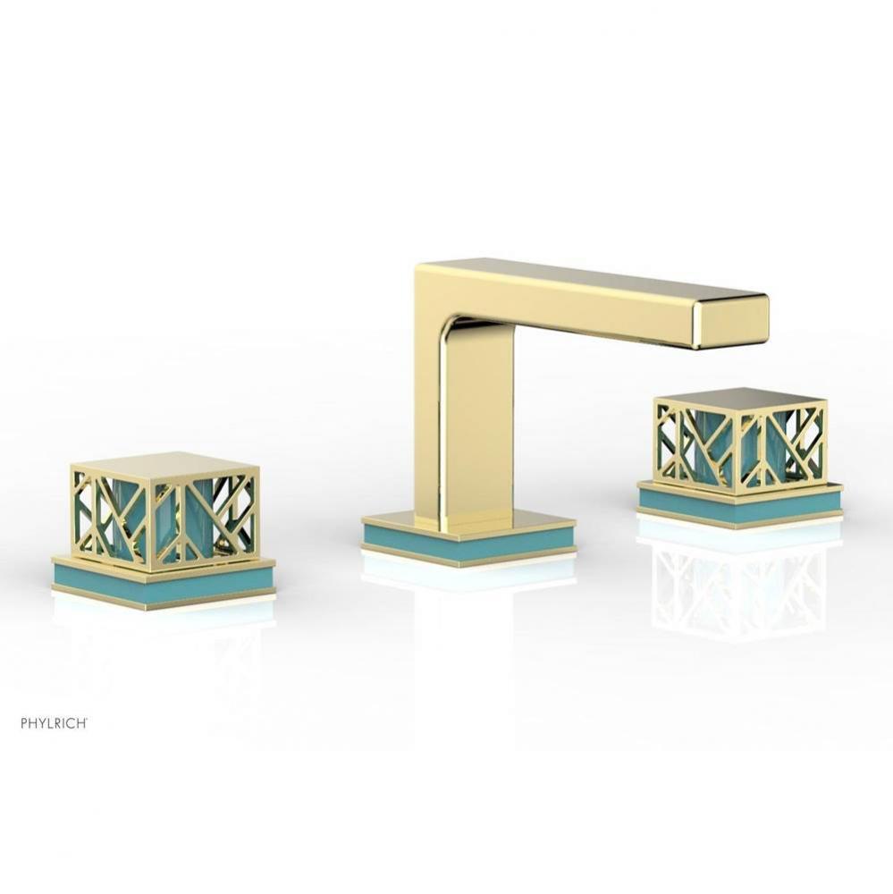 Polished Gold Jolie Widespread Lavatory Faucet With Rectangular Low Spout, Square Cutaway Handles,