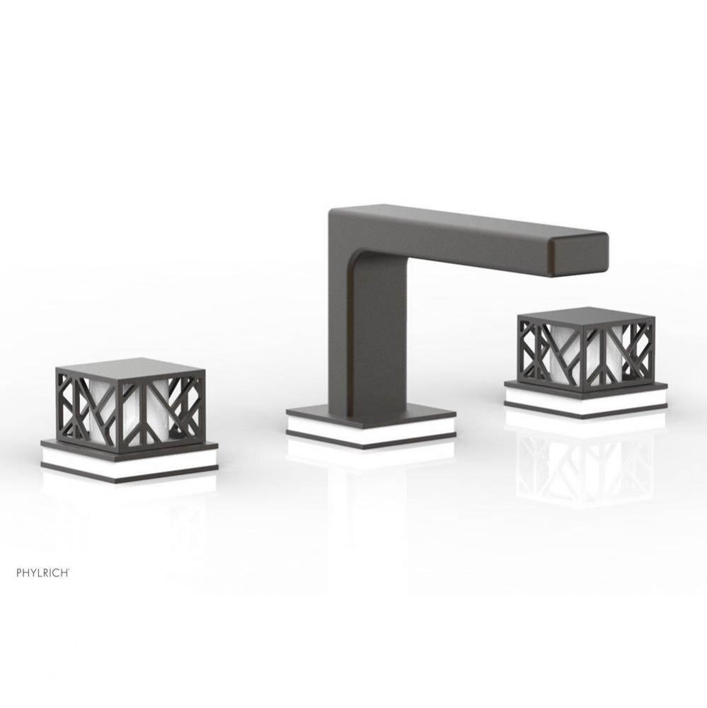 Weathered Copper Jolie Widespread Lavatory Faucet With Rectangular Low Spout, Square Cutaway Handl