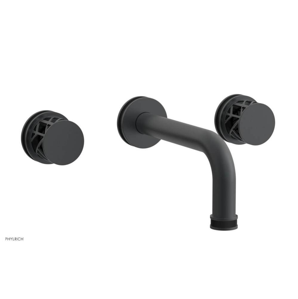 Gunmetal Gray Jolie Two Handle Wall Faucet With Tubular Spout, Round Cutaway Handles, And Black Ac