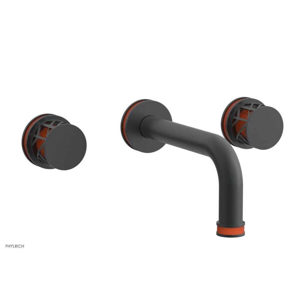 Gunmetal Gray Jolie Two Handle Wall Faucet With Tubular Spout, Round Cutaway Handles, And Orange A