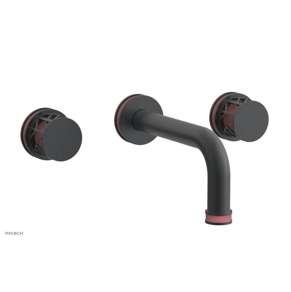 Gunmetal Gray Jolie Two Handle Wall Faucet With Tubular Spout, Round Cutaway Handles, And Pink Acc