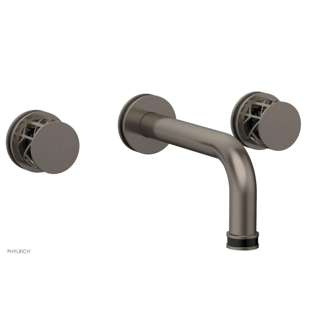 Pewter Jolie Two Handle Wall Faucet With Tubular Spout, Round Cutaway Handles, And Black Accents -