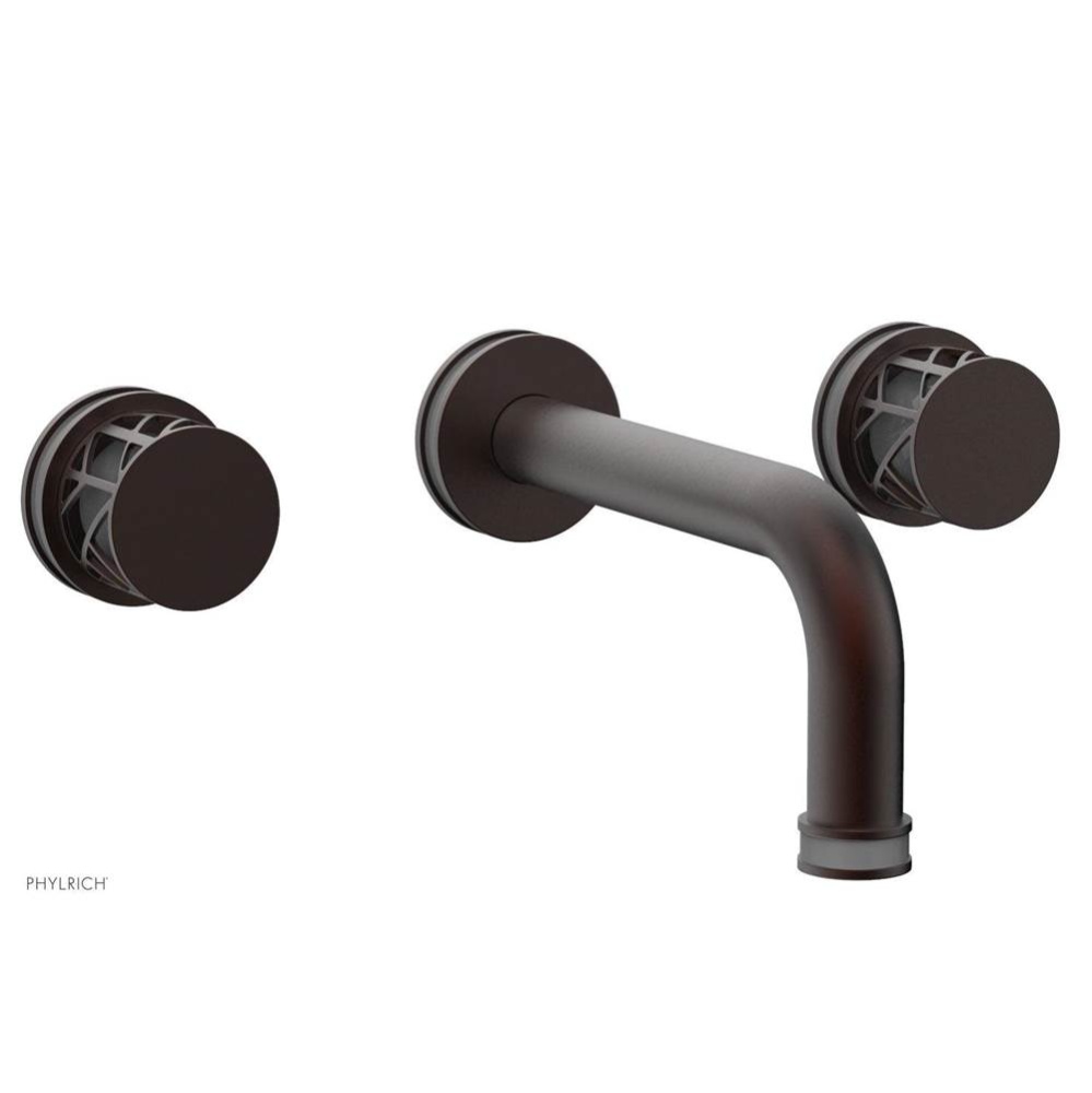 Weathered Copper Jolie Two Handle Wall Faucet With Tubular Spout, Round Cutaway Handles, And Grey