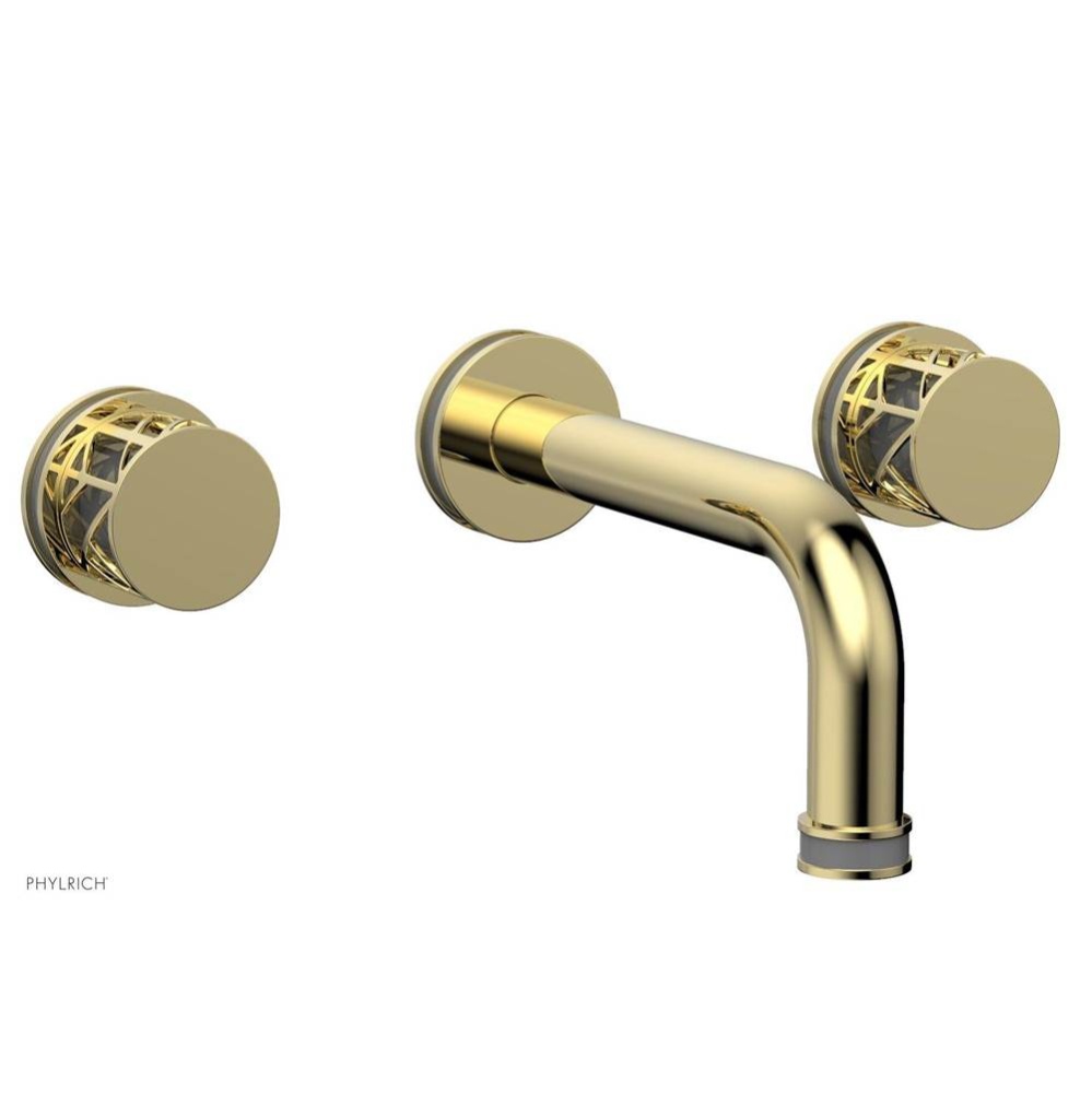 Polished Brass Jolie Two Handle Wall Faucet With Tubular Spout, Round Cutaway Handles, And Grey Ac