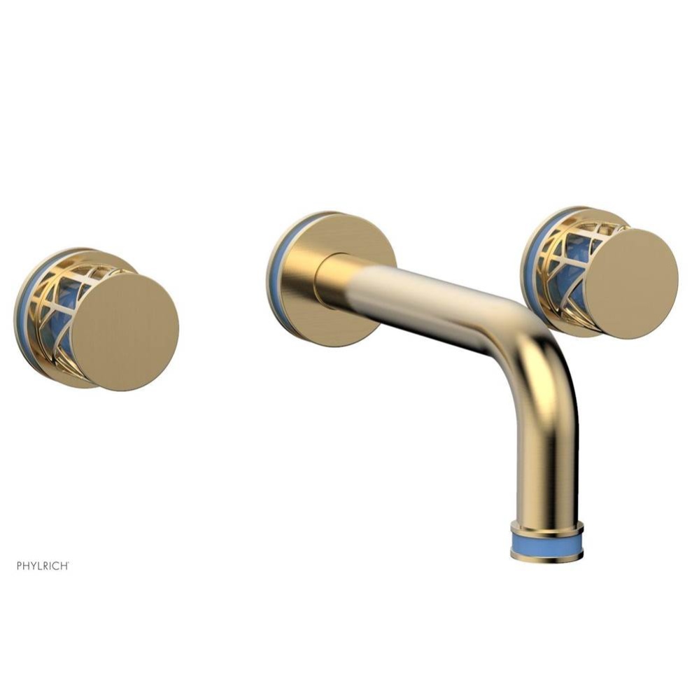 Satin Brass Jolie Two Handle Wall Faucet With Tubular Spout, Round Cutaway Handles, And Light Blue