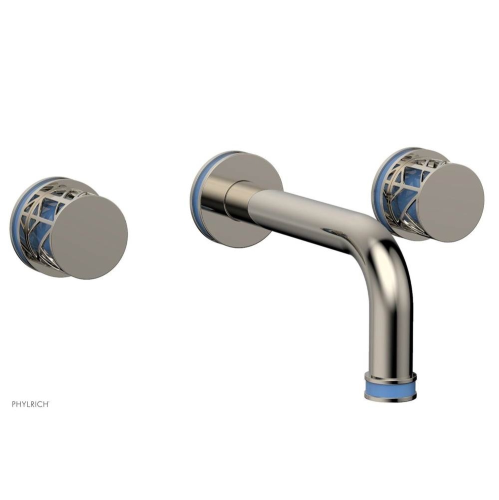Polished Nickel Jolie Two Handle Wall Faucet With Tubular Spout, Round Cutaway Handles, And Light