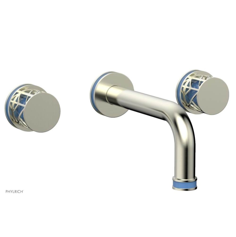Satin Nickel Jolie Two Handle Wall Tub Set With Tubular Spout, Round Cutaway Handles, And Light Bl