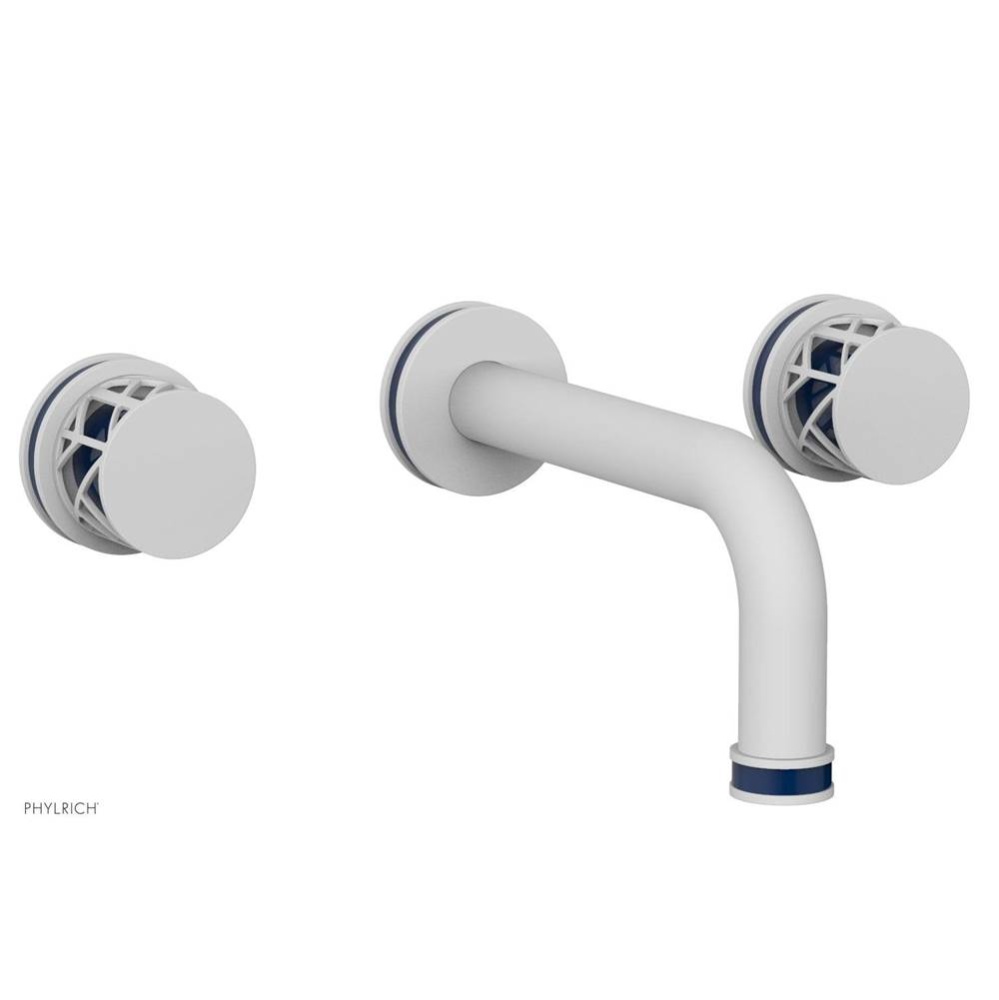 Satin White Jolie Two Handle Wall Faucet With Tubular Spout, Round Cutaway Handles, And Navy Blue