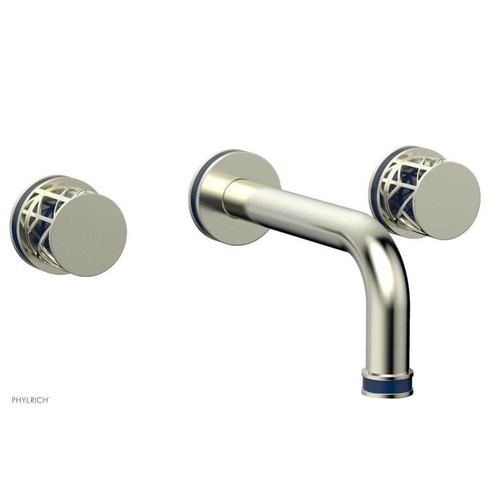 Satin Nickel Jolie Two Handle Wall Faucet With Tubular Spout, Round Cutaway Handles, And Navy Blue