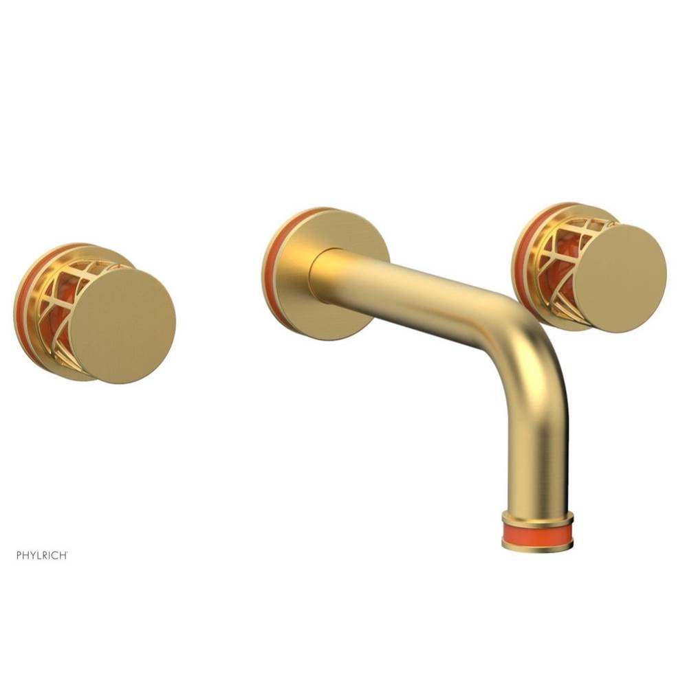 Burnished Gold Jolie Two Handle Wall Faucet With Tubular Spout, Round Cutaway Handles, And Orange