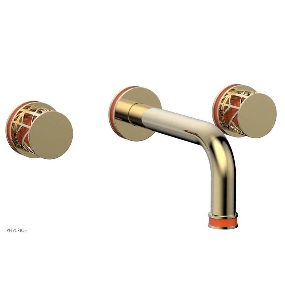 Polished Brass Uncoated (Living Finish) Jolie Two Handle Wall Faucet With Tubular Spout, Round Cut